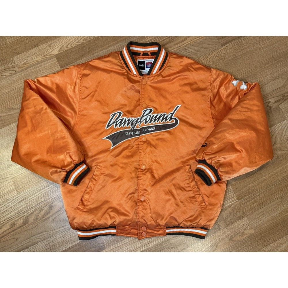 VTG Puma NFL Cleveland Browns Dawg Pound Orange Embroidered Satin Jacket Size M